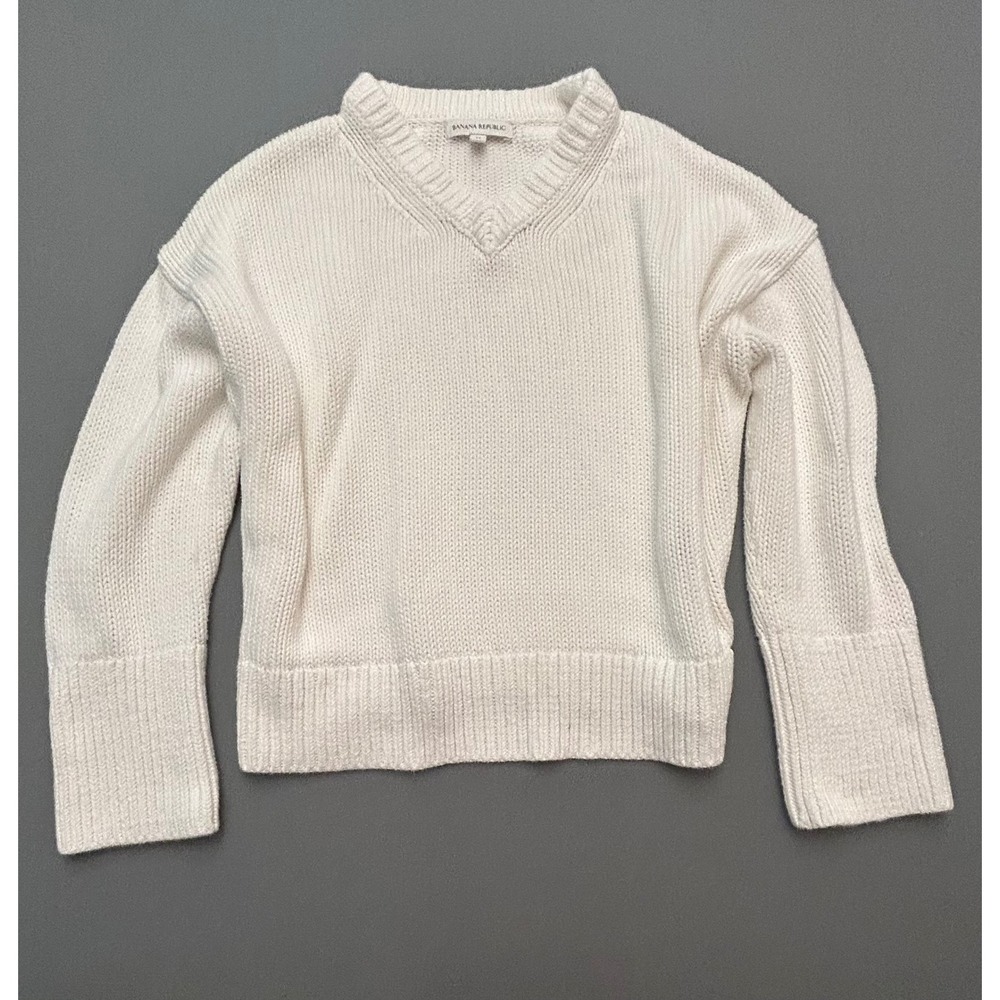 Banana Republic Womens Cotton Chunky Knit‎ V-Neck Sweater Cream White Medium